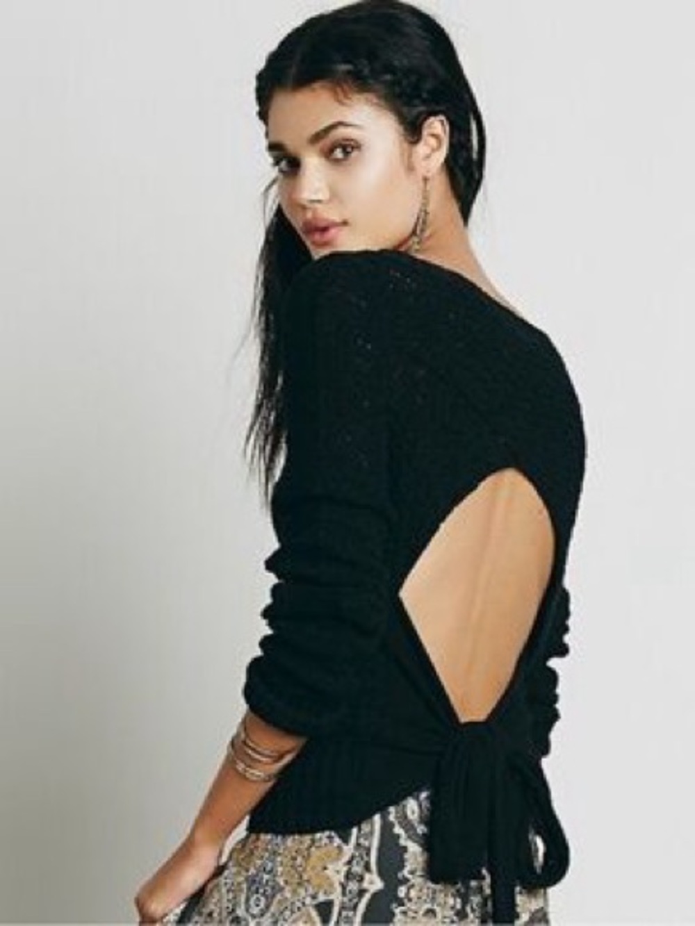 Free People Knit Open-Back Black Women's Sweater with Tie Detail Black